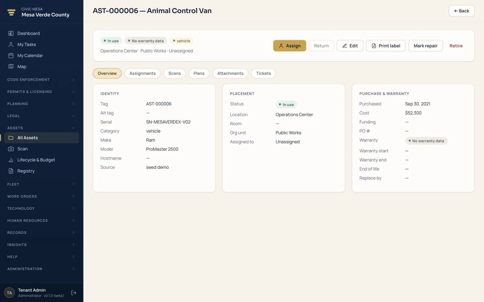 Civic Mesa asset detail — one device with its lifecycle state, owner, warranty, and the tickets it appears on.