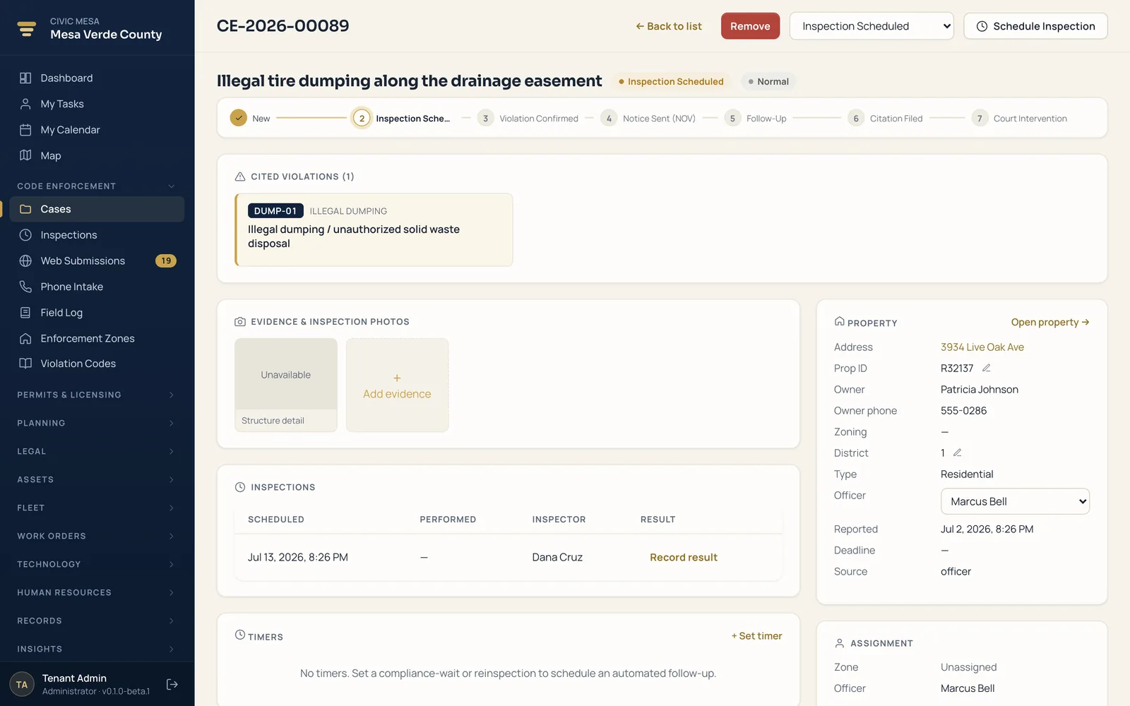 Civic Mesa case detail — the full case file with violations, notices, timeline, and escalation.