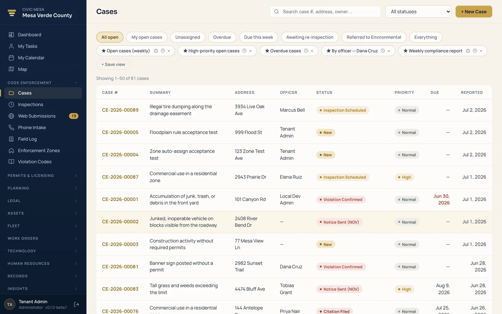 Civic Mesa code-enforcement case list — a live, filterable queue of open cases with status, address, and officer.