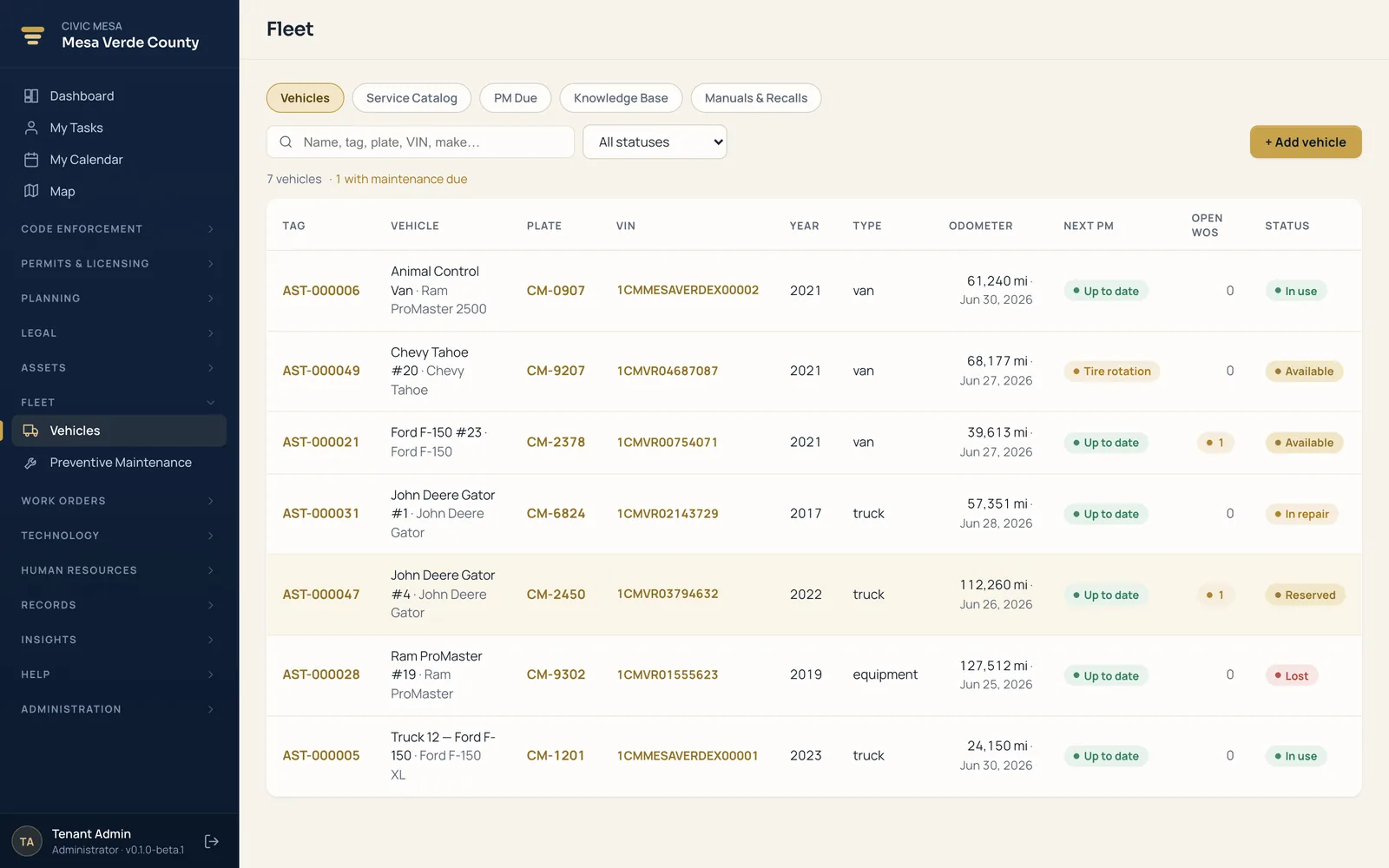 Civic Mesa fleet vehicle list — a current record for every vehicle with type, plate, and status.