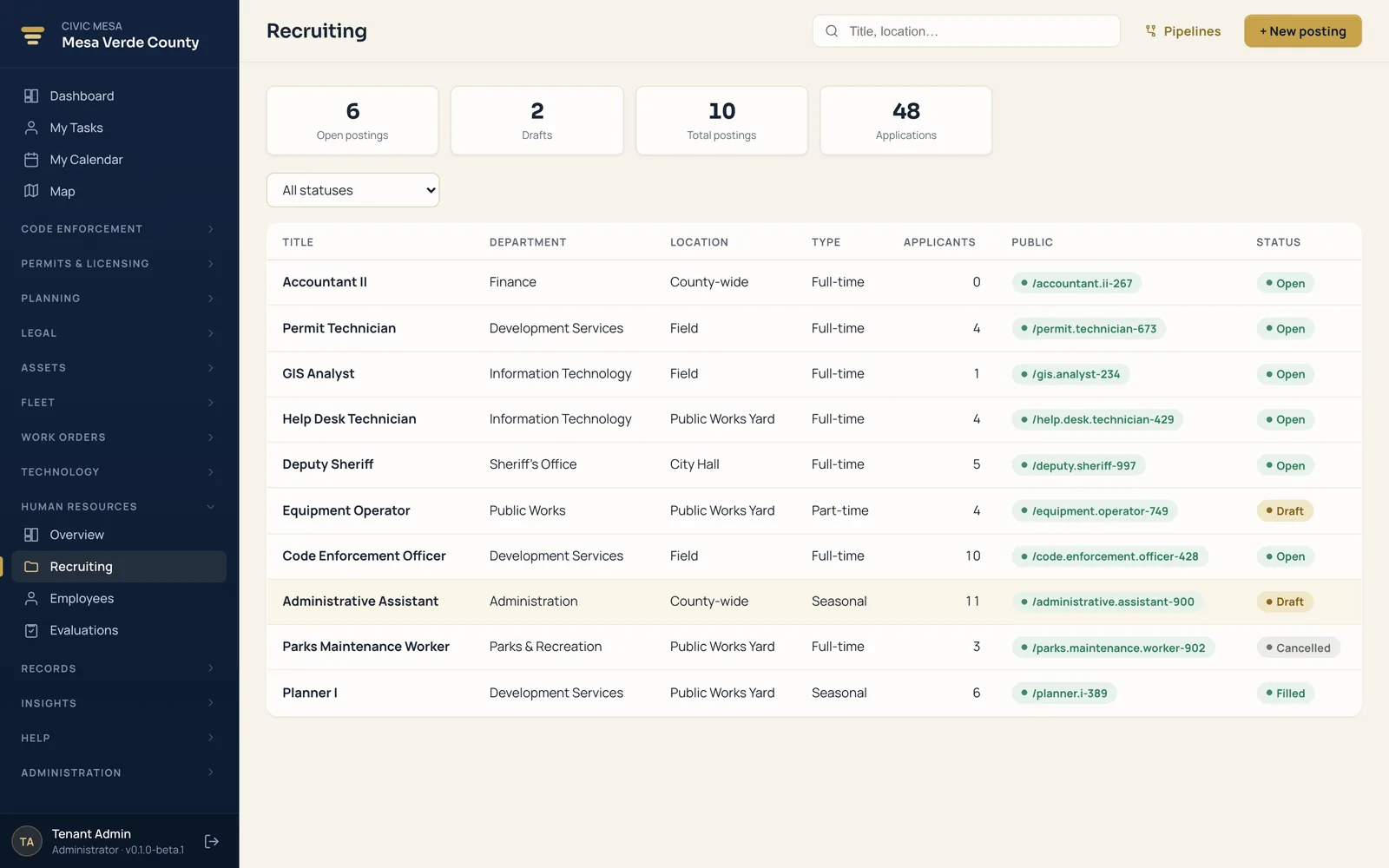Civic Mesa HR recruiting — job postings, applicant counts, and pipeline statuses.