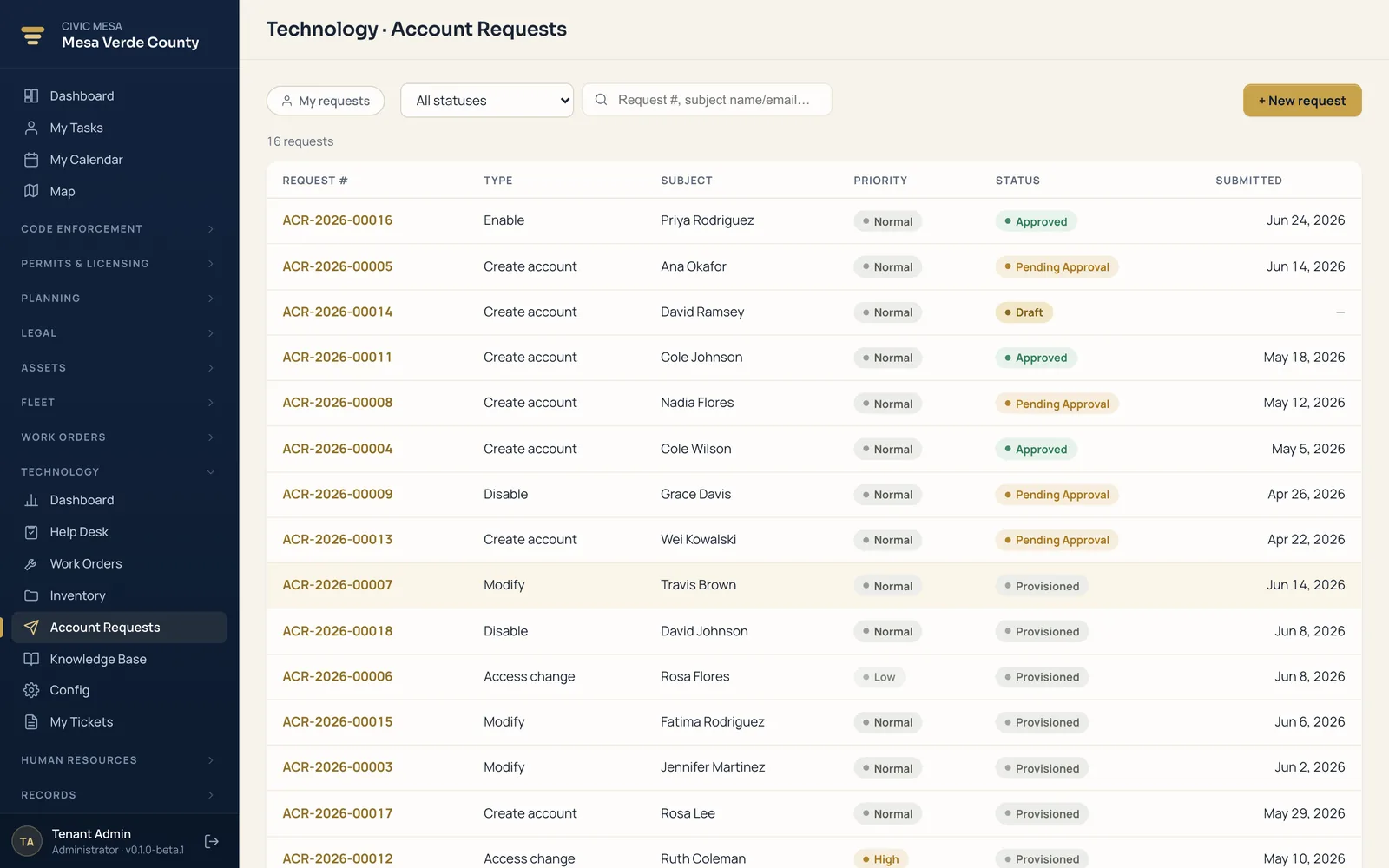 Civic Mesa self-service access requests routed through approval workflows.