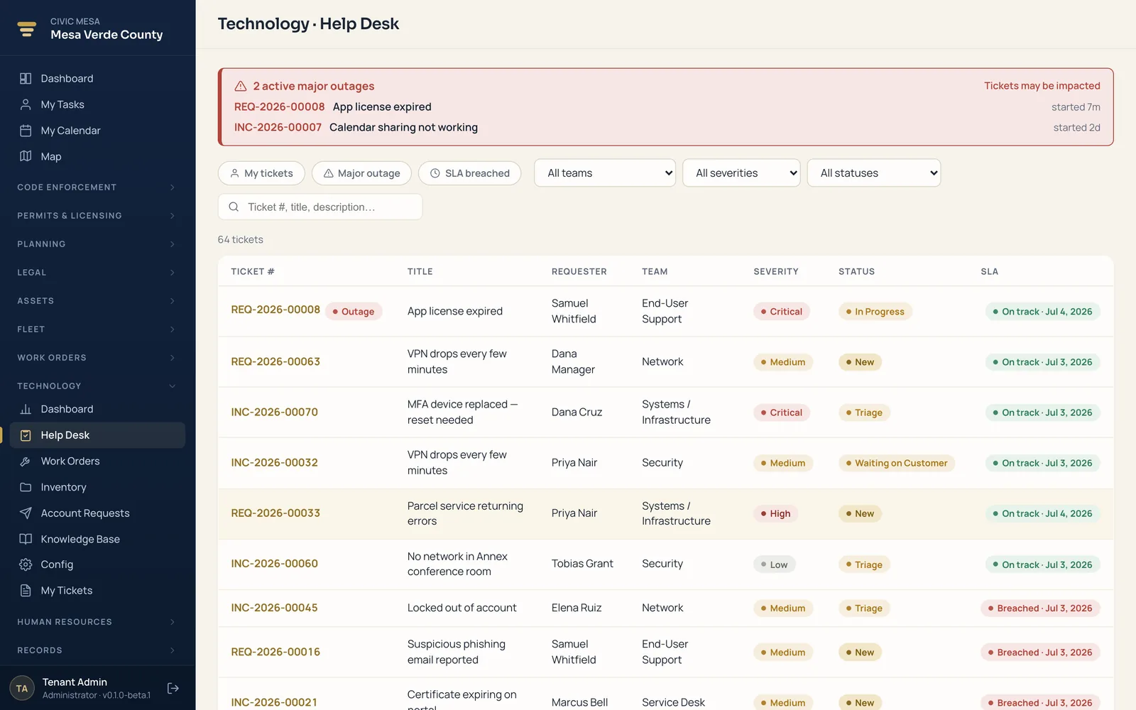 Civic Mesa Technology help desk — 64 tickets with SLA tracking and a major-outage banner.