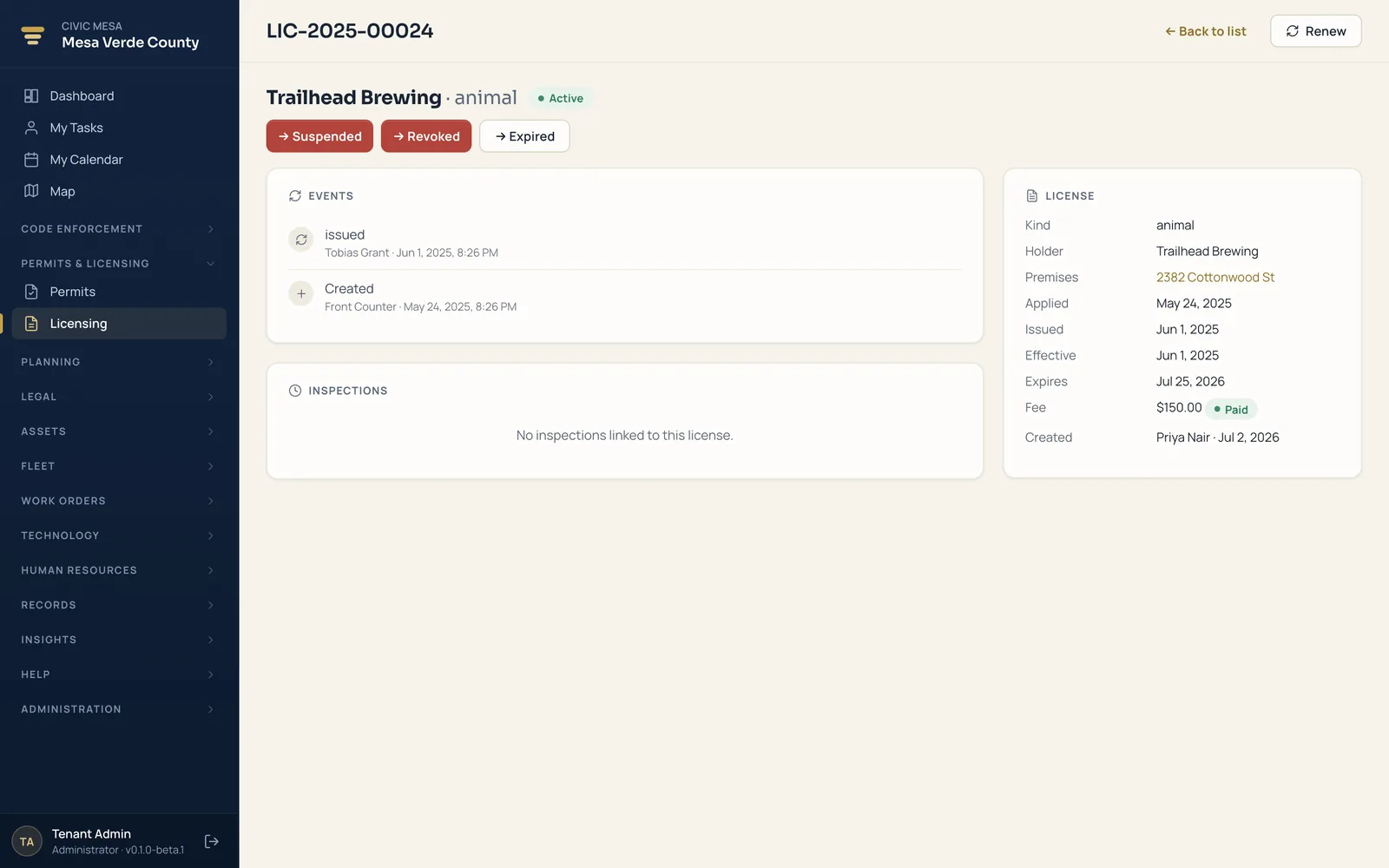 Civic Mesa license detail — a single license record with fees, renewals, and full history.