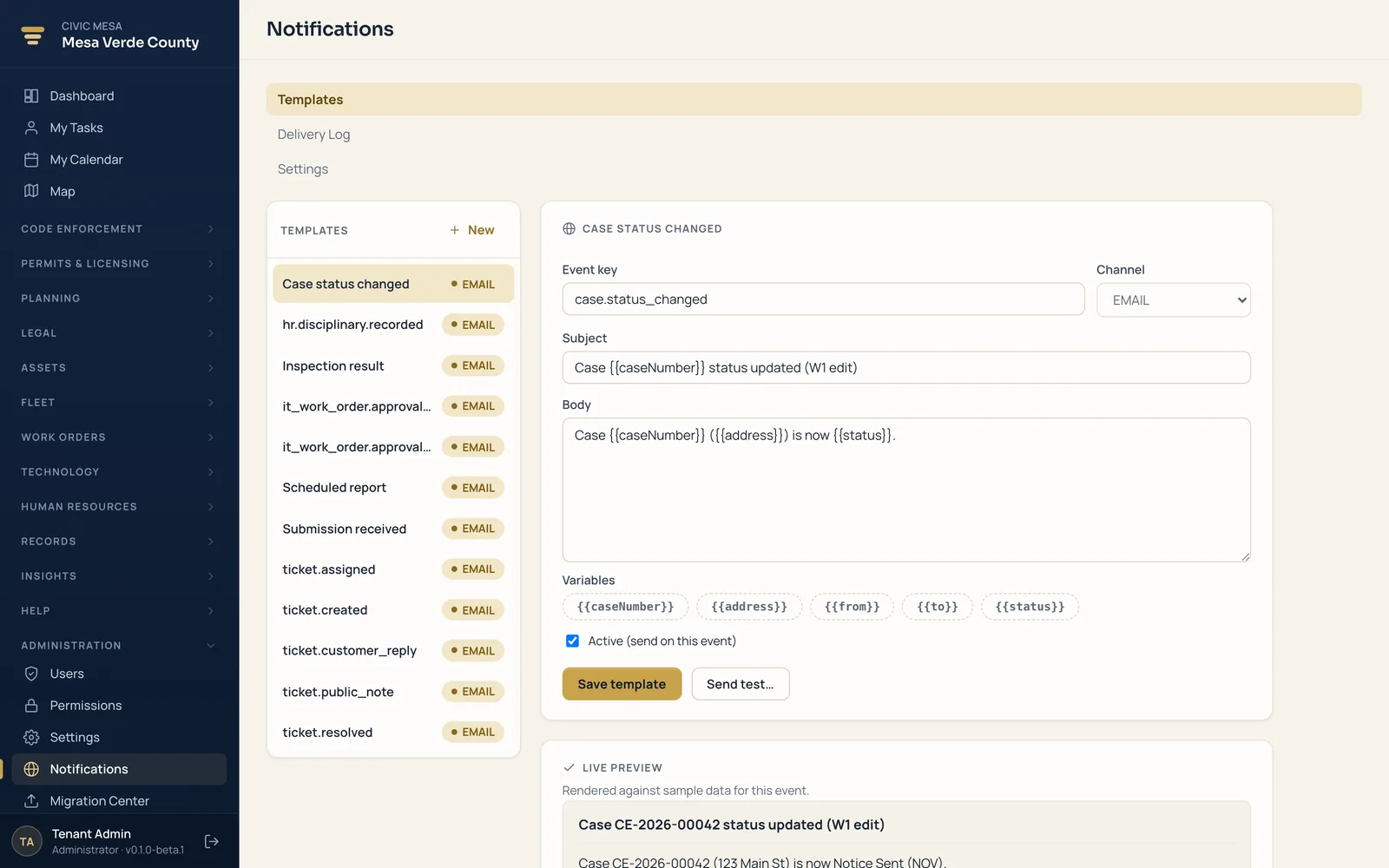 Civic Mesa Notifications — event templates, channels, and a delivery log.