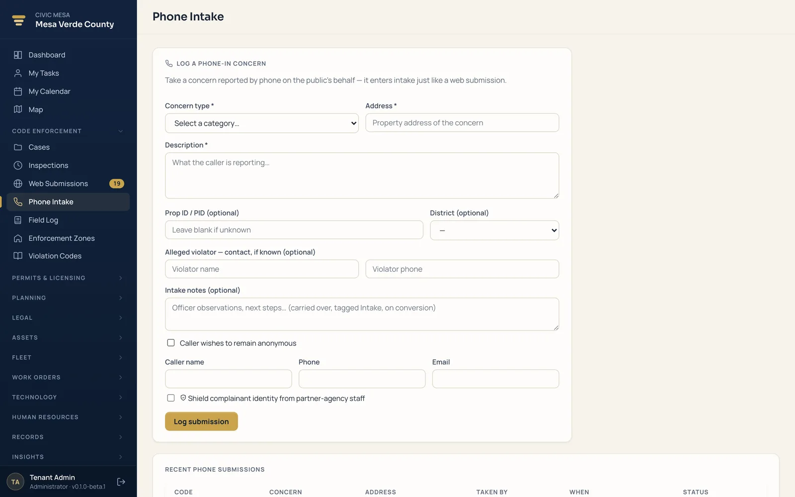 Staff logging a phoned-in concern into the Civic Mesa queue from the intake form.