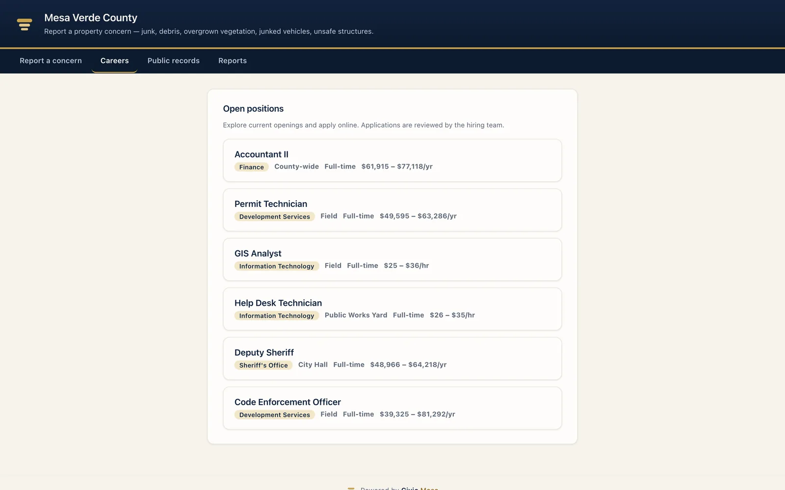 The public careers page residents apply on.