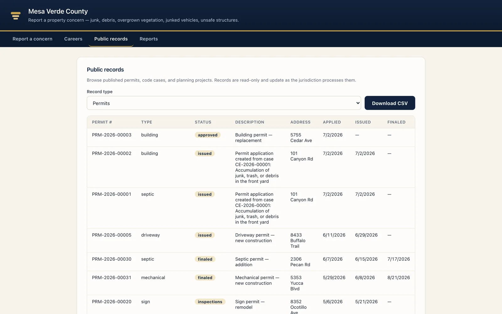 Resident tracking a submission by code on the public Civic Mesa portal — status and message history in one place.