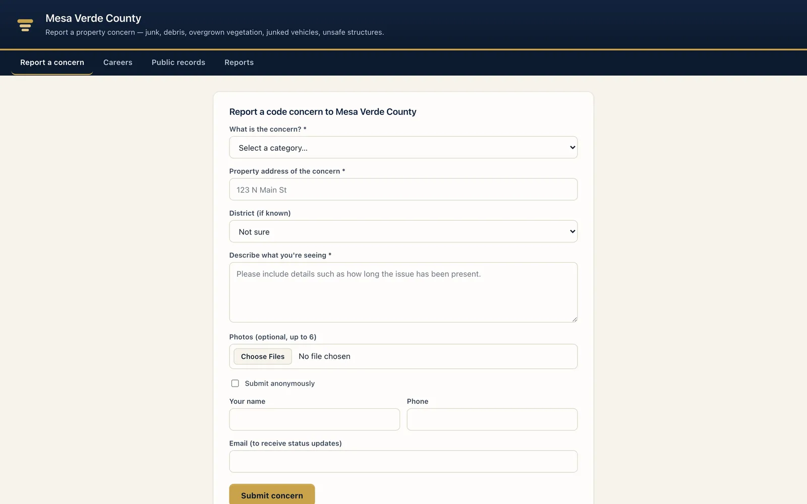 Civic Mesa branded resident portal — report an issue, track by code, and look things up on one public page.