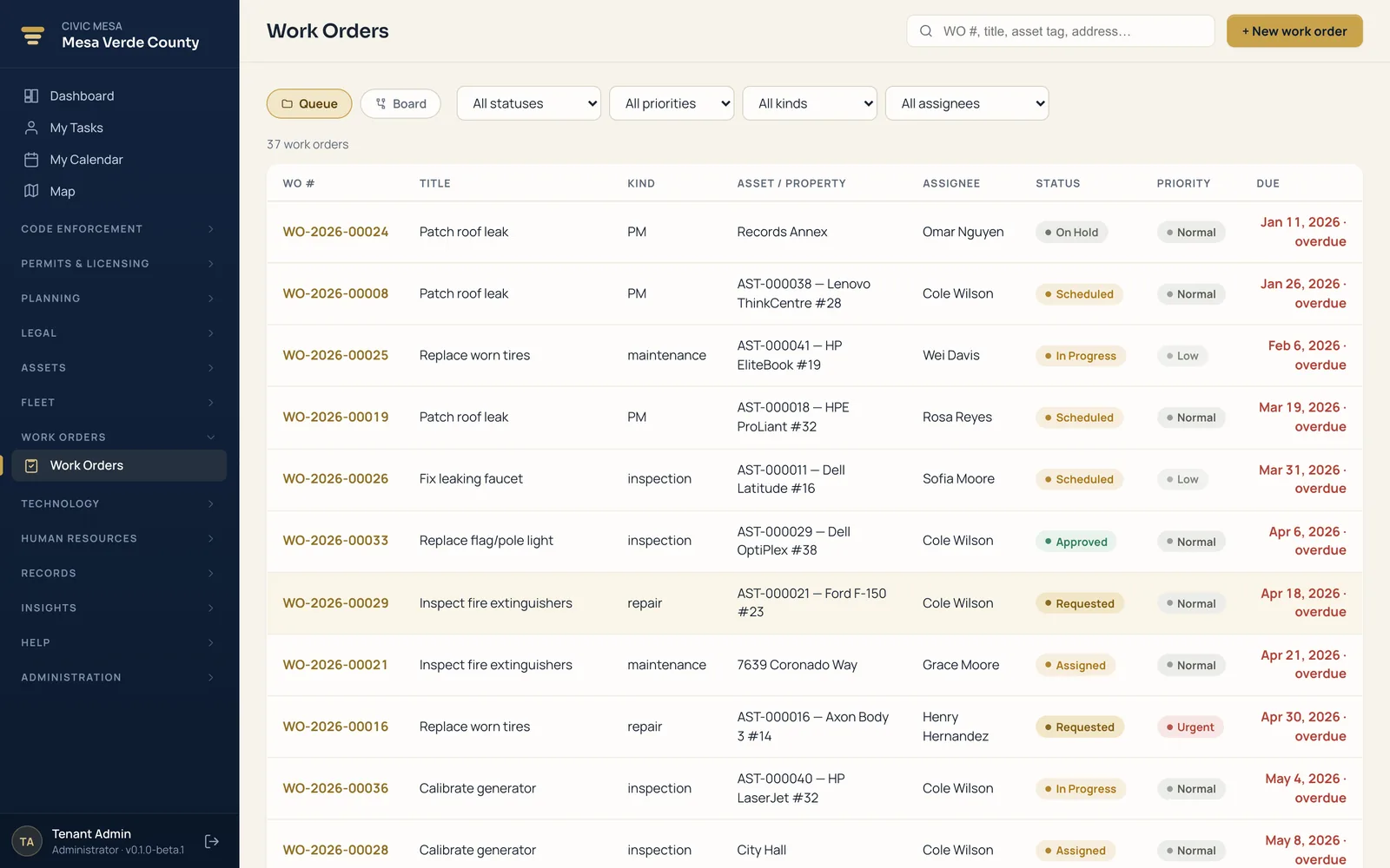 Civic Mesa work-order queue and status board — open jobs by stage, priority, and assigned crew.